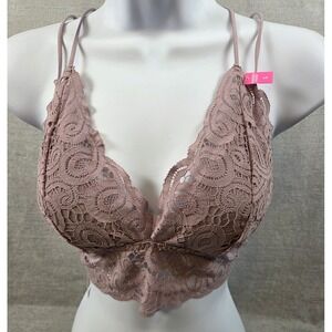 Victorias Secret PINK L Bralette Lace Lined Removable Pads Strappy Rose Pink NEW